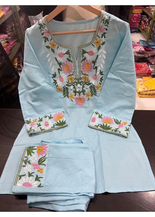 Pure Cotton Sky Embroidered Co-Ord Set